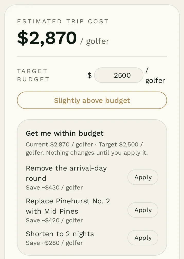 TeeTrip planner budget with Get me within budget suggestions
